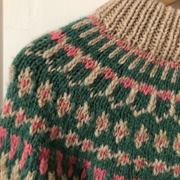 Hand Knit Tan Fair Isle Wool Crewneck Sweater Small - Picture 2 of 7